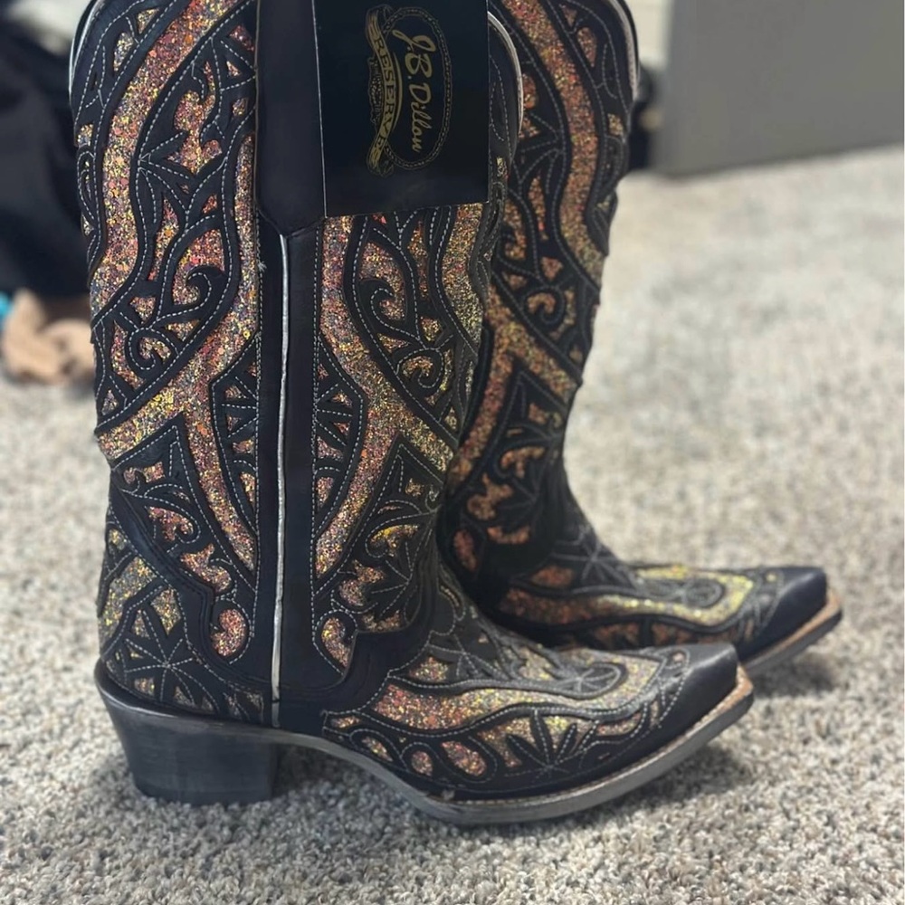 J.B. Dillon Black and Gold Heeled Boots with Intricate Stitching